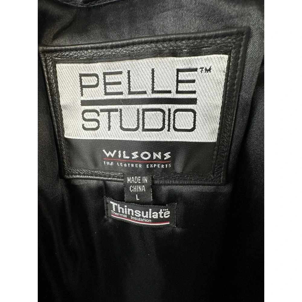 Wilsons Leather Pelle Studio Black Jacket Women L Removable Fur Collar Belted